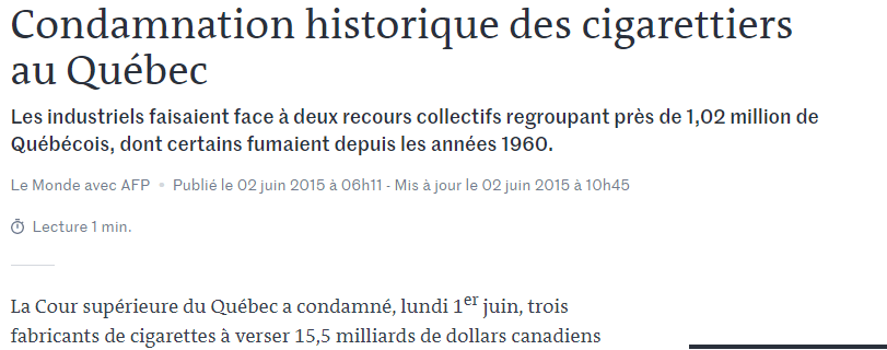 Québec : les fabricants de tabac condamnés à plus de 15 milliards de dollars